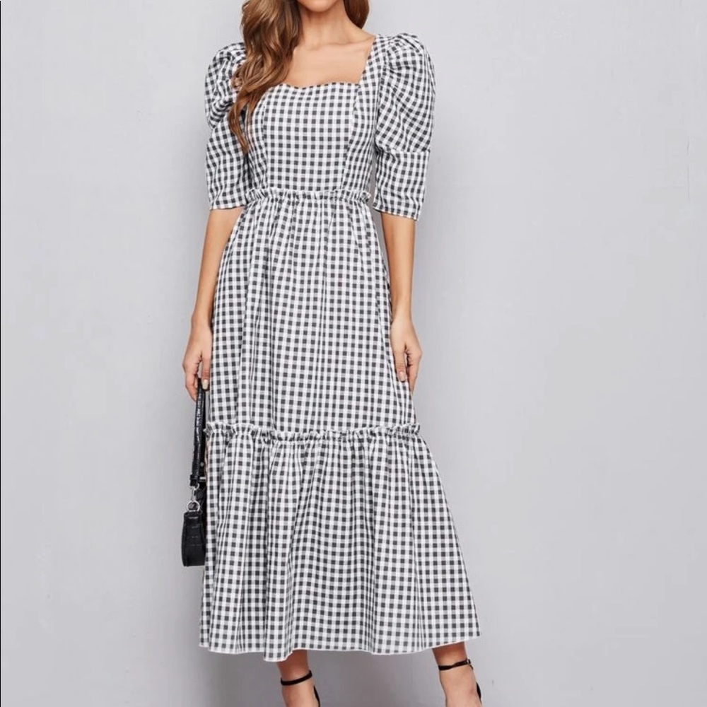 Square Neck Puff Sleeve Frill Trim Gingham Dress